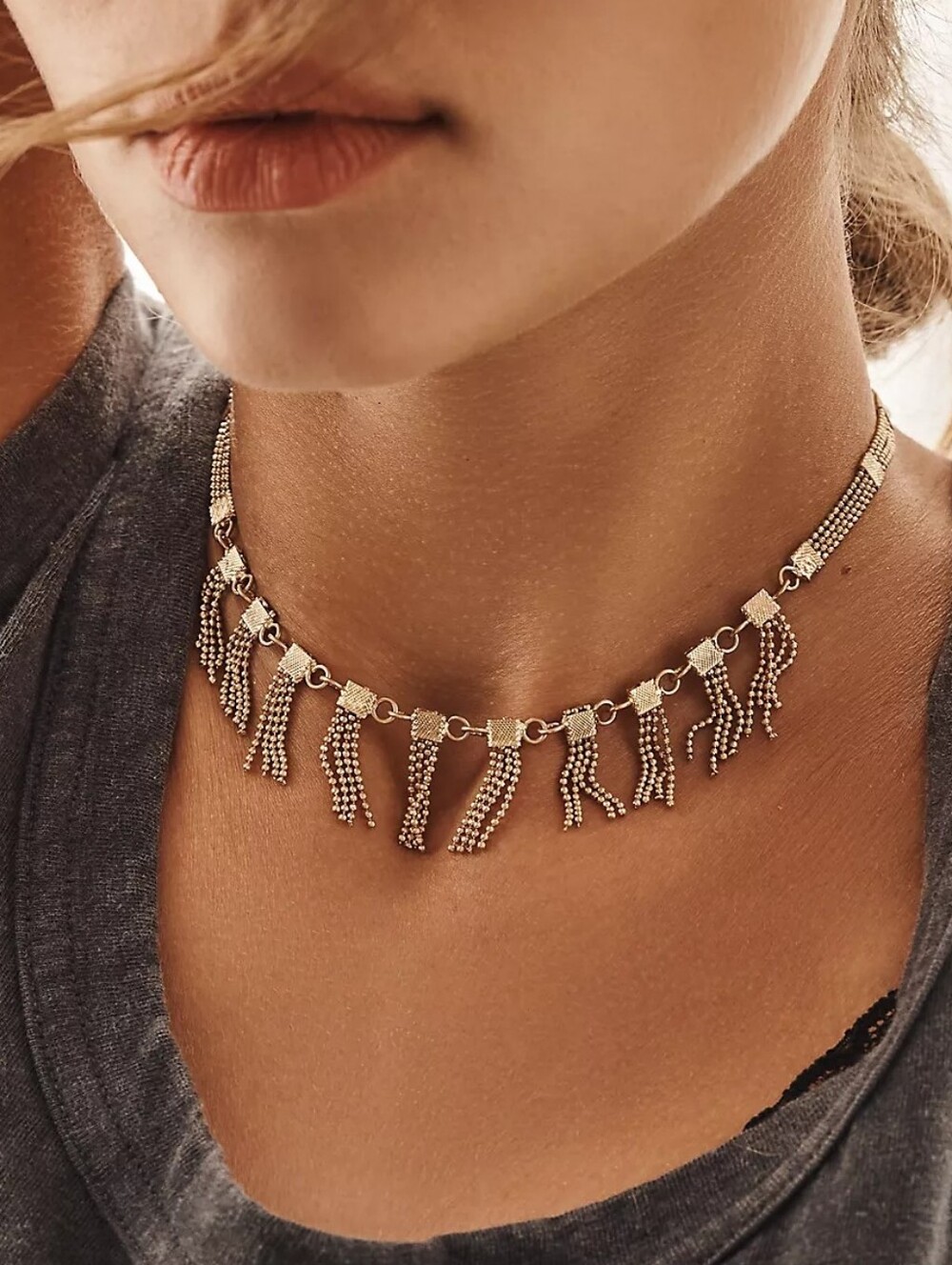 Anthropologie Gold-Tone Fringe Choker Necklace - Women Jewelry